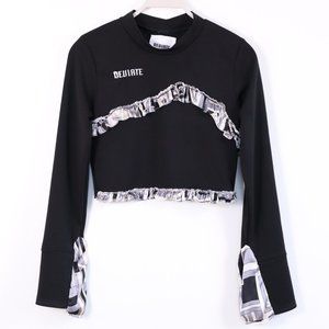 Black Ruffled Mock Neck Crop Top with Embroidery - SMALL